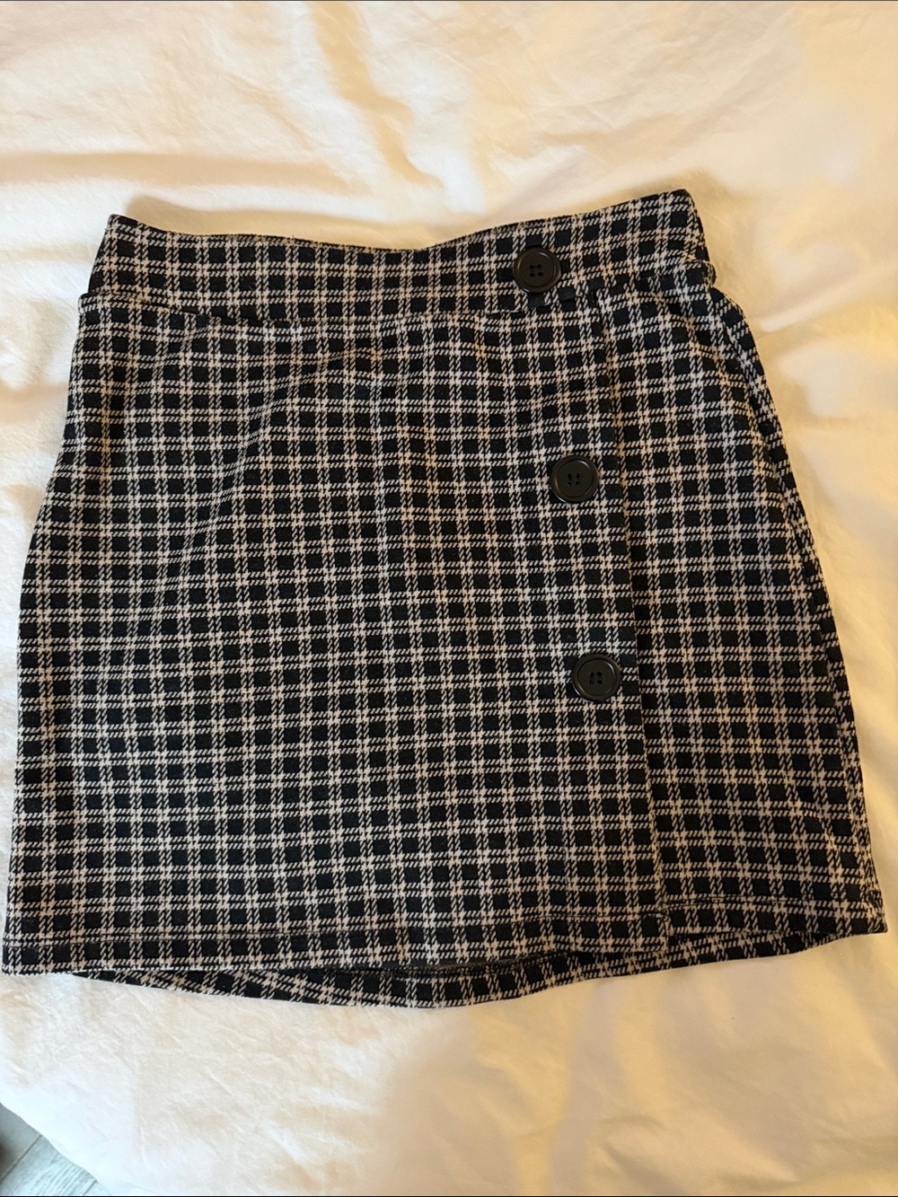 Black and Cream Plaid Button-Front Mini Skirt